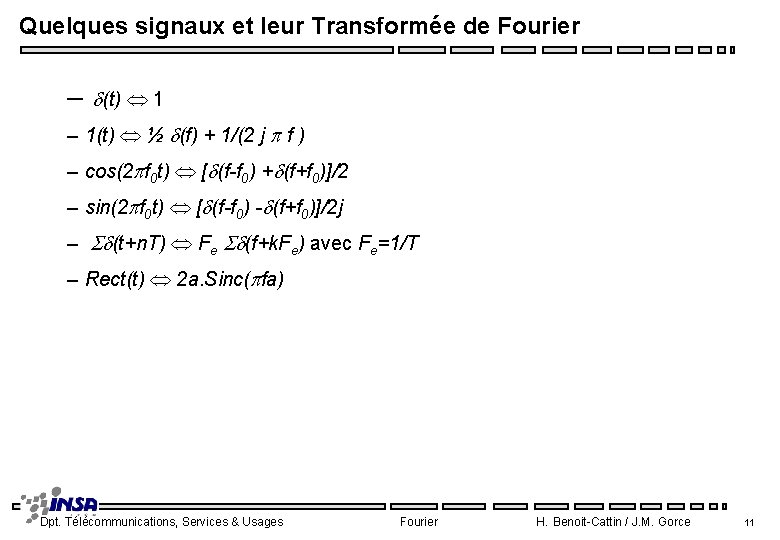 Quelques signaux et leur Transformée de Fourier – d(t) 1 – 1(t) ½ d(f)