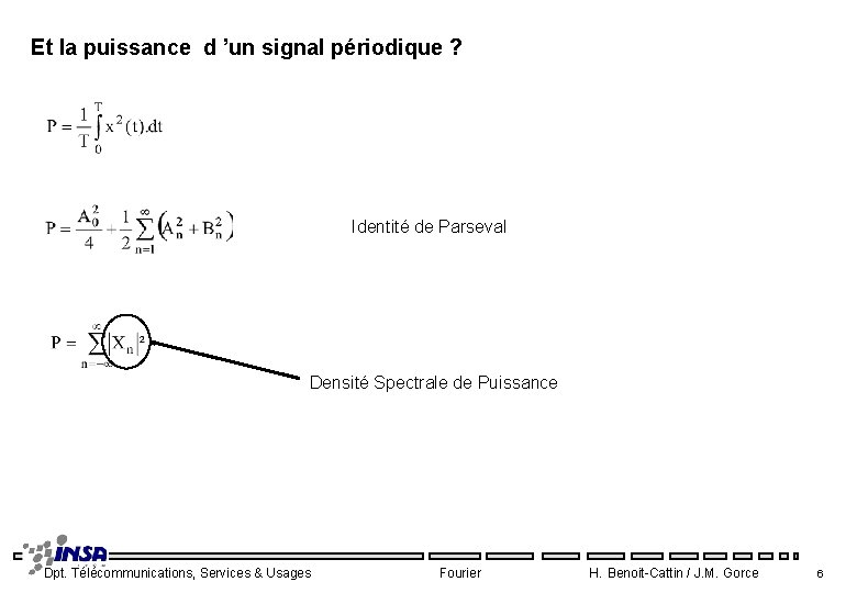 Et la puissance d ’un signal périodique ? Identité de Parseval Densité Spectrale de