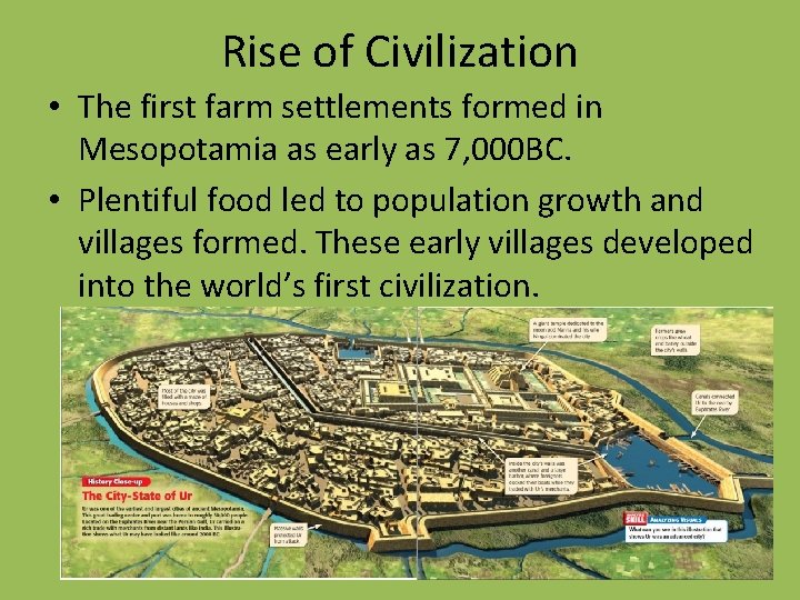 Rise of Civilization • The first farm settlements formed in Mesopotamia as early as