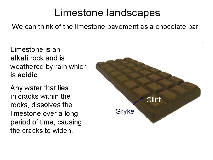 Limestone landscapes We can think of the limestone pavement as a chocolate bar: Limestone