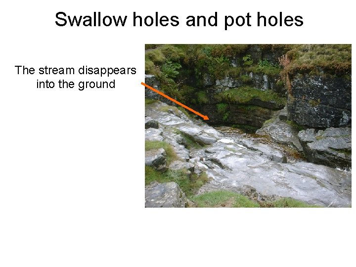 Swallow holes and pot holes The stream disappears into the ground 