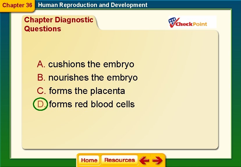 Chapter 36 Human Reproduction and Development Chapter Diagnostic Questions A. cushions the embryo B.