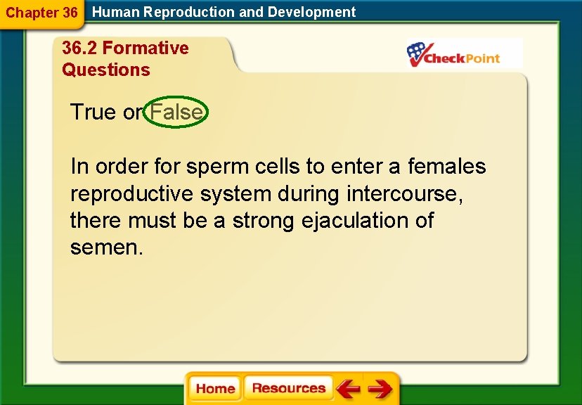 Chapter 36 Human Reproduction and Development 36. 2 Formative Questions True or False In