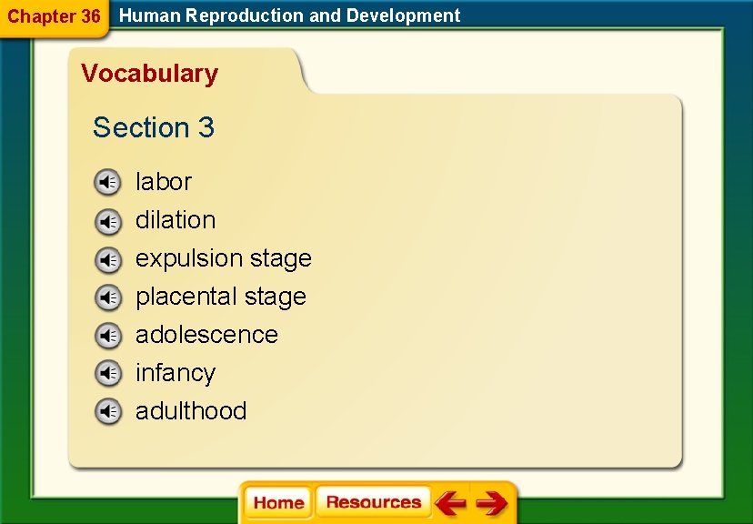 Chapter 36 Human Reproduction and Development Vocabulary Section 3 labor dilation expulsion stage placental