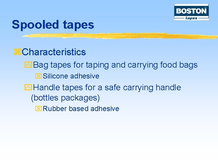 Spooled tapes z. Characteristics y. Bag tapes for taping and carrying food bags x.