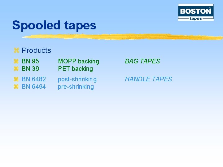 Spooled tapes z Products z BN 95 z BN 39 MOPP backing PET backing