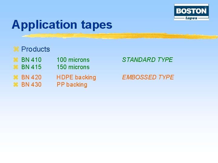 Application tapes z Products z BN 410 z BN 415 100 microns 150 microns