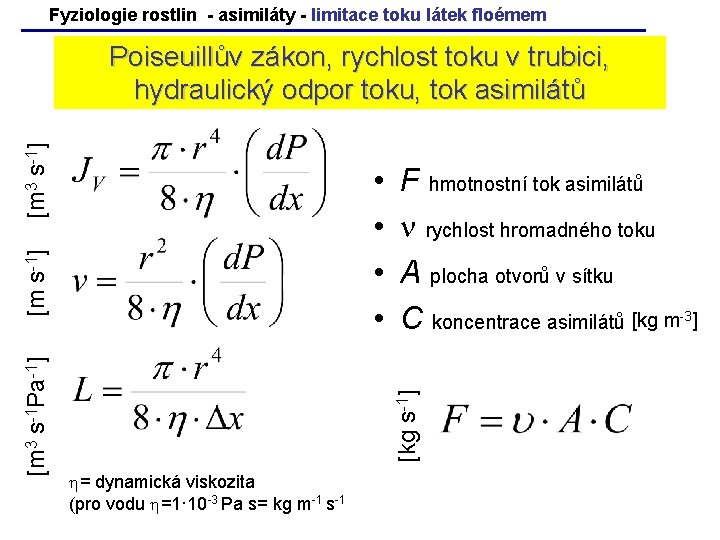 Fyziologie rostlin - asimiláty - limitace toku látek floémem [m 3 s-1] Poiseuillův zákon,