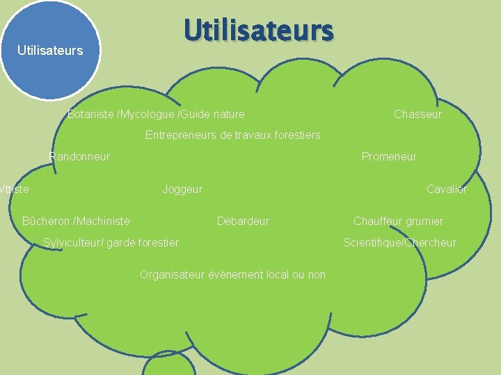 Utilisateurs Botaniste /Mycologue /Guide nature Chasseur Entrepreneurs de travaux forestiers Randonneur Promeneur Vttiste Joggeur