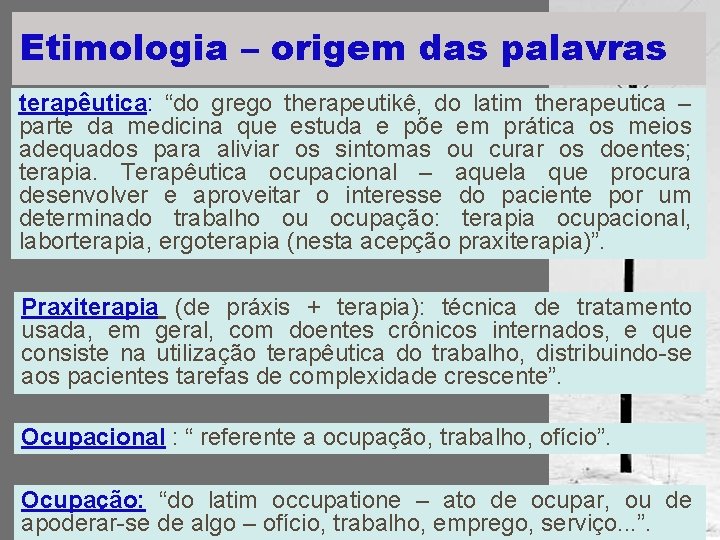 Etimologia – origem das palavras terapêutica: “do grego therapeutikê, do latim therapeutica – parte