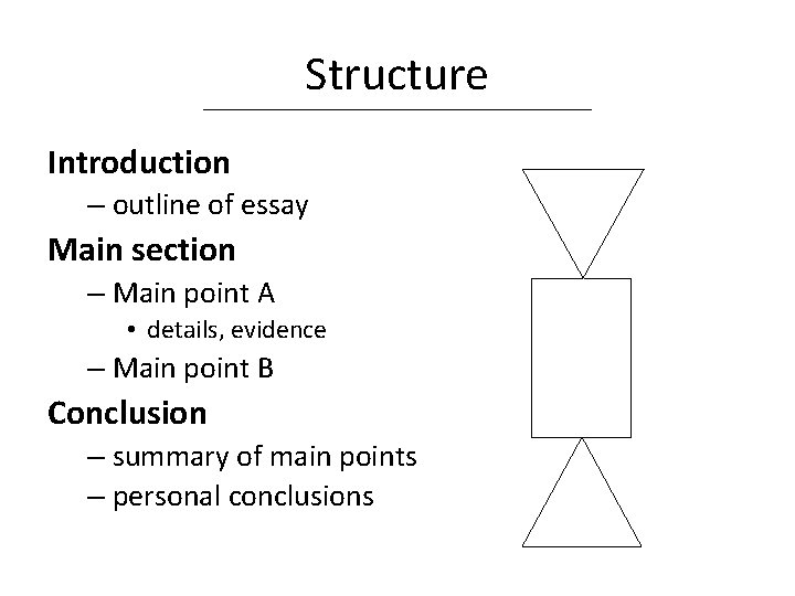 Structure Introduction – outline of essay Main section – Main point A • details,