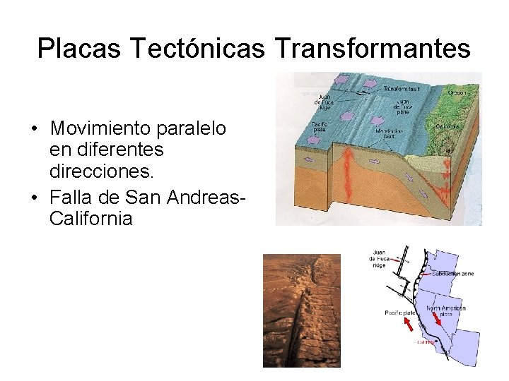 Placas Tectónicas Transformantes • Movimiento paralelo en diferentes direcciones. • Falla de San Andreas.