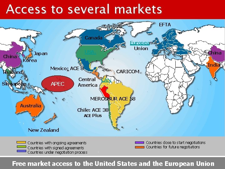 Access to several markets EFTA Canada USA. Japan Korea China Singapore APEC China India