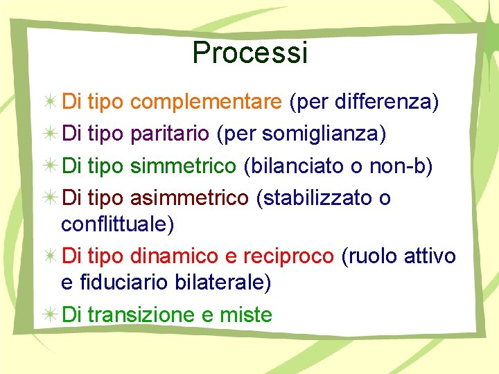 Processi Di tipo complementare (per differenza) Di tipo paritario (per somiglianza) Di tipo simmetrico