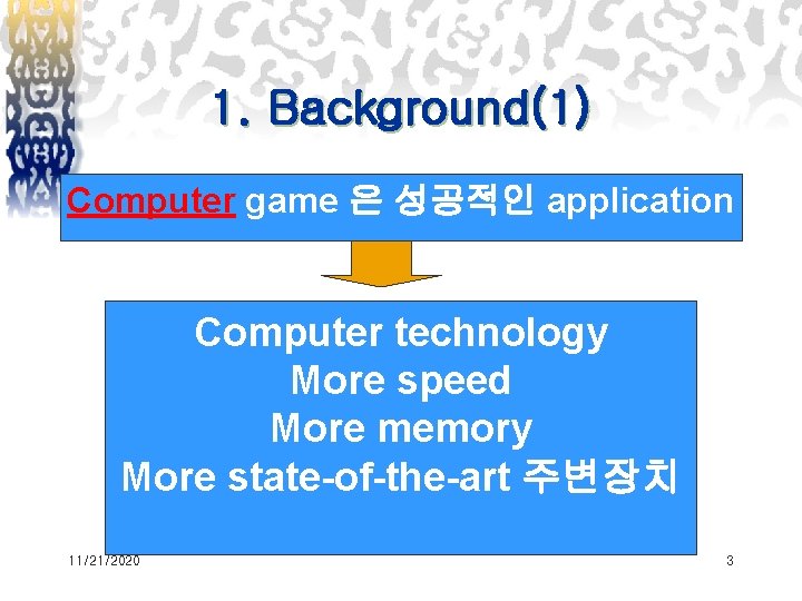 1. Background(1) Computer game 은 성공적인 application Computer technology More speed More memory More