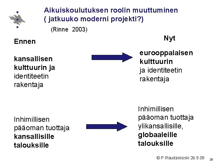Aikuiskoulutuksen roolin muuttuminen ( jatkuuko moderni projekti? ) (Rinne 2003) Ennen kansallisen kulttuurin ja