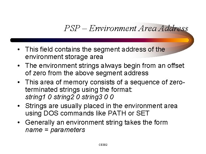 PSP – Environment Area Address • This field contains the segment address of the