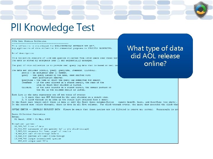 PII Knowledge Test What type of data did AOL release online? 