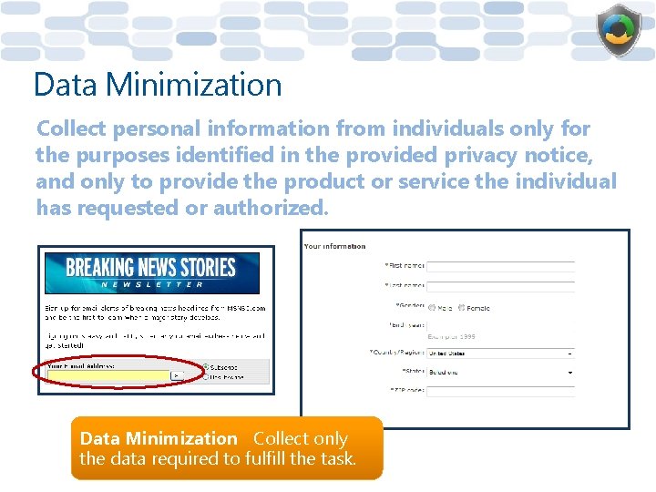Data Minimization Collect personal information from individuals only for the purposes identified in the
