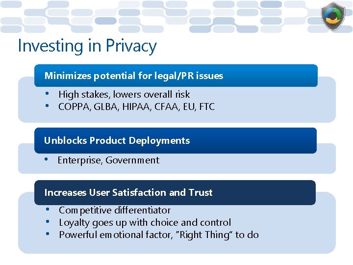 Investing in Privacy Minimizes potential for legal/PR issues • • High stakes, lowers overall