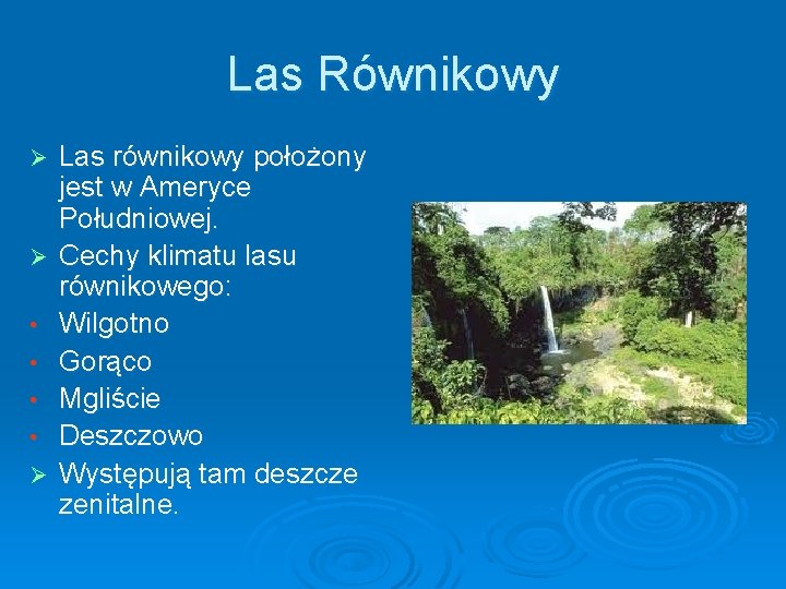 Las Równikowy Ø Ø • • Ø Las równikowy położony jest w Ameryce Południowej. Las Równikowy Ø Ø • • Ø Las równikowy położony jest w Ameryce Południowej.