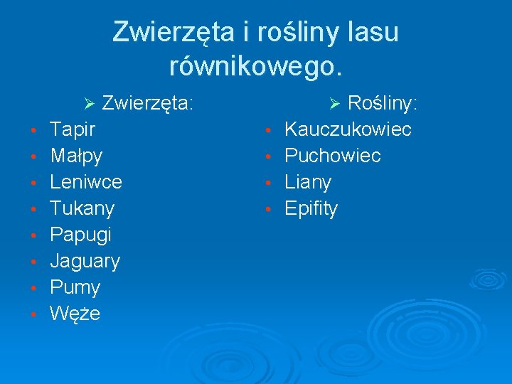 Zwierzęta i rośliny lasu równikowego. Ø • • Zwierzęta: Tapir Małpy Leniwce Tukany Papugi Zwierzęta i rośliny lasu równikowego. Ø • • Zwierzęta: Tapir Małpy Leniwce Tukany Papugi