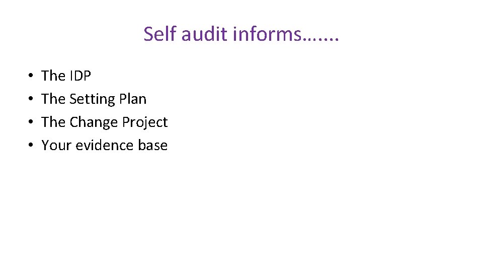 Self audit informs…. . • • The IDP The Setting Plan The Change Project