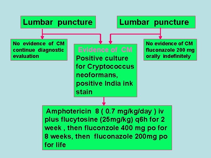 Lumbar puncture No evidence of CM continue diagnostic evaluation Lumbar puncture Evidence of CM