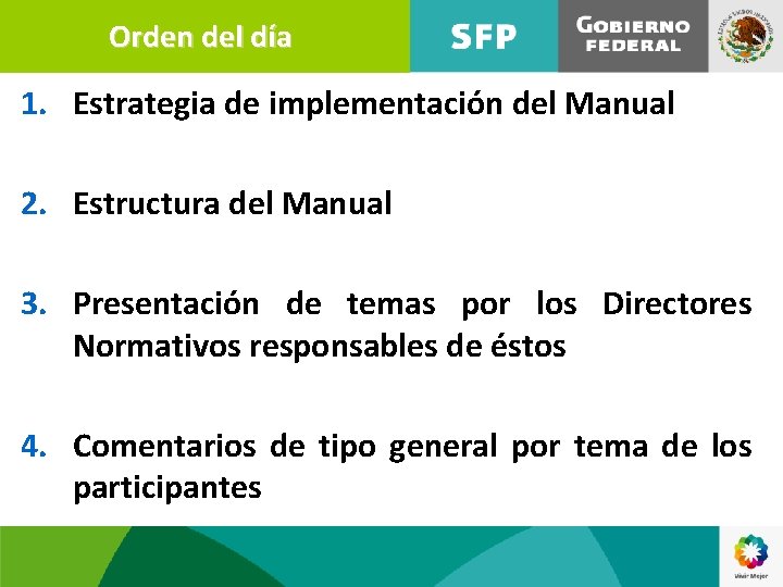 Orden del día 1. Estrategia de implementación del Manual 2. Estructura del Manual 3.