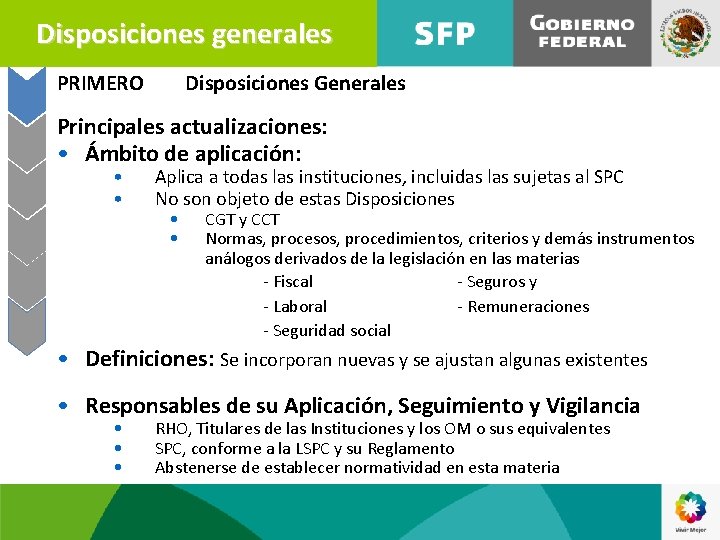 Disposiciones generales PRIMERO Disposiciones Generales Principales actualizaciones: • Ámbito de aplicación: • • Aplica