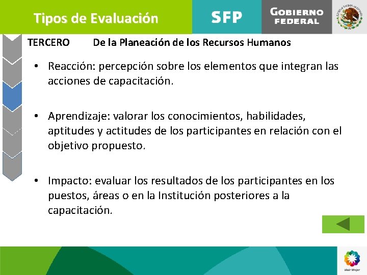 Tipos de Evaluación TERCERO De la Planeación de los Recursos Humanos • Reacción: percepción