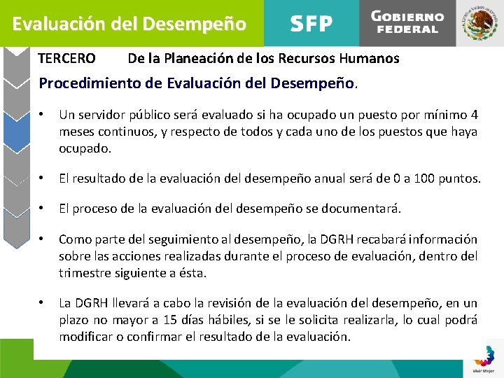 Evaluación del Desempeño TERCERO De la Planeación de los Recursos Humanos Procedimiento de Evaluación