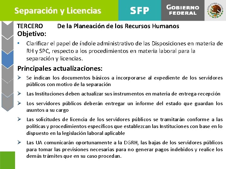 Separación y Licencias TERCERO Objetivo: • De la Planeación de los Recursos Humanos Clarificar