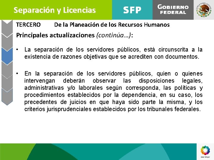 Separación y Licencias TERCERO De la Planeación de los Recursos Humanos Principales actualizaciones (continúa…):
