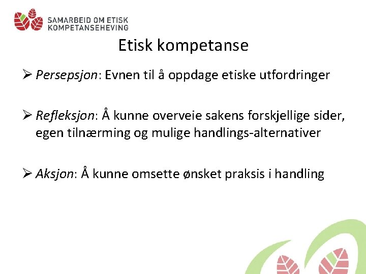 Etisk kompetanse Ø Persepsjon: Evnen til å oppdage etiske utfordringer Ø Refleksjon: Å kunne