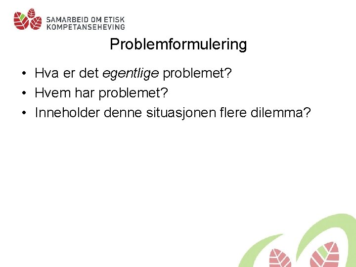 Problemformulering • Hva er det egentlige problemet? • Hvem har problemet? • Inneholder denne