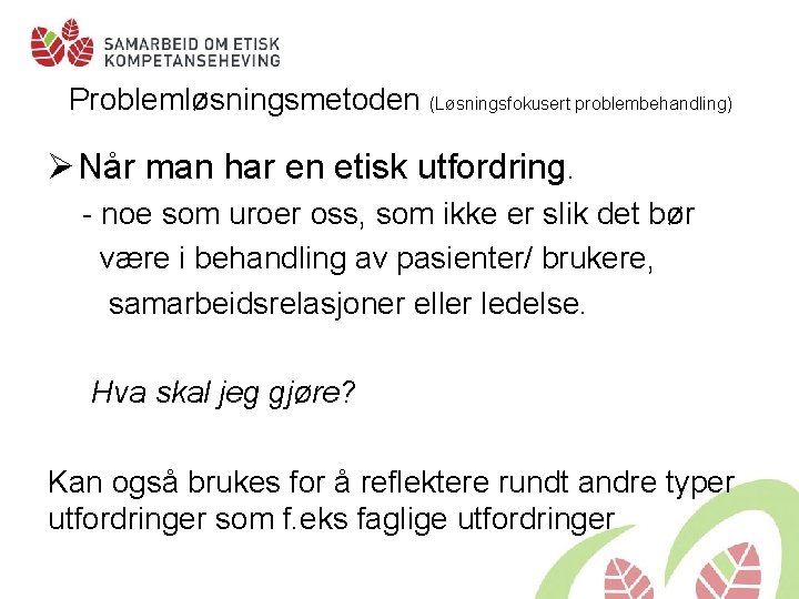 Problemløsningsmetoden (Løsningsfokusert problembehandling) Ø Når man har en etisk utfordring. - noe som uroer