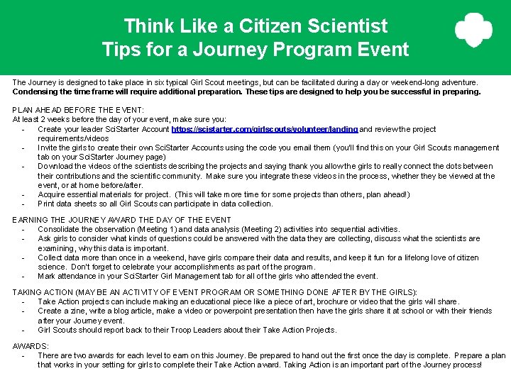 Think Like a Citizen Scientist Tips for a Journey Program Event The Journey is
