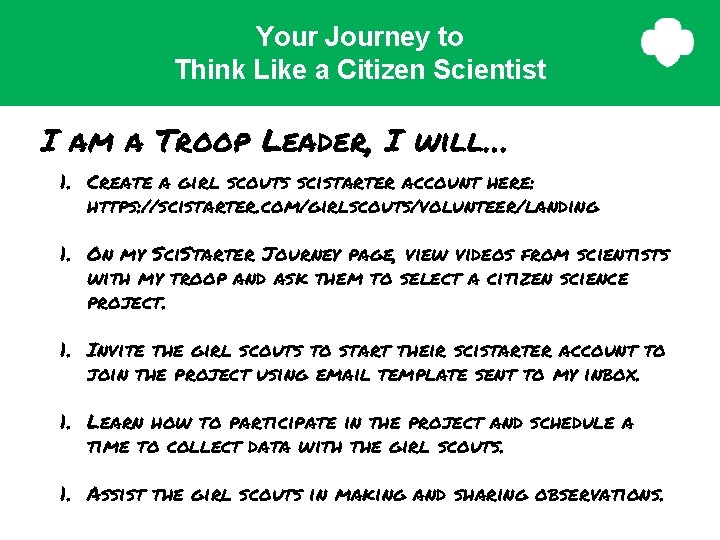 Your Journey to Think Like a Citizen Scientist I am a Troop Leader, I
