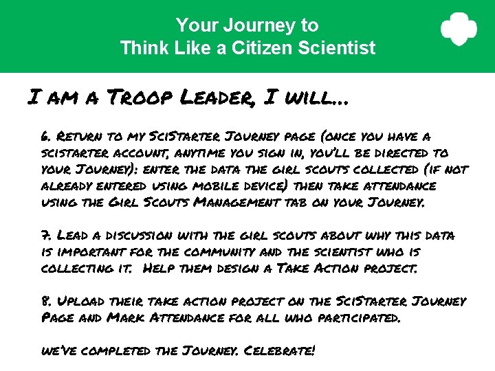 Your Journey to Think Like a Citizen Scientist I am a Troop Leader, I