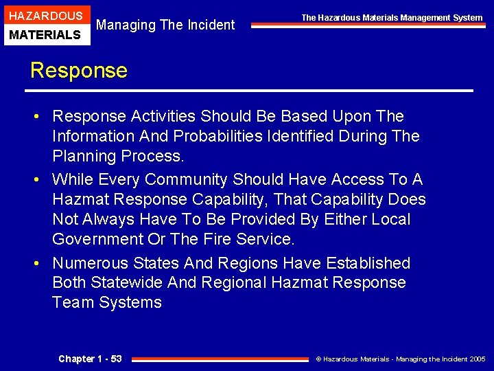 HAZARDOUS MATERIALS Managing The Incident The Hazardous Materials Management System Response • Response Activities HAZARDOUS MATERIALS Managing The Incident The Hazardous Materials Management System Response • Response Activities