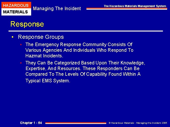 HAZARDOUS MATERIALS Managing The Incident The Hazardous Materials Management System Response • Response Groups HAZARDOUS MATERIALS Managing The Incident The Hazardous Materials Management System Response • Response Groups