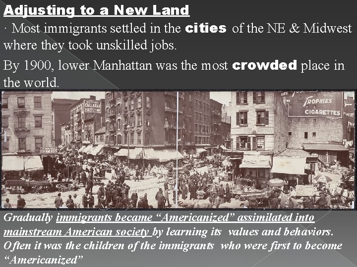 Adjusting to a New Land · Most immigrants settled in the cities of the