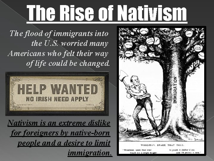 The Rise of Nativism The flood of immigrants into the U. S. worried many