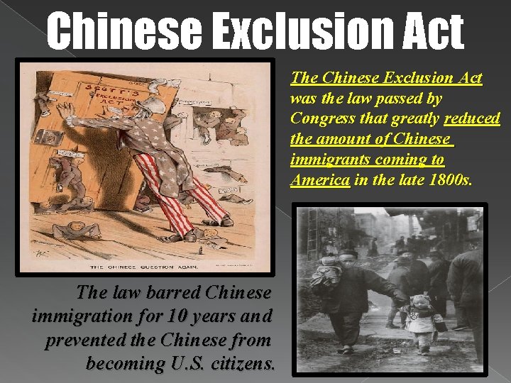 Chinese Exclusion Act The Chinese Exclusion Act was the law passed by Congress that