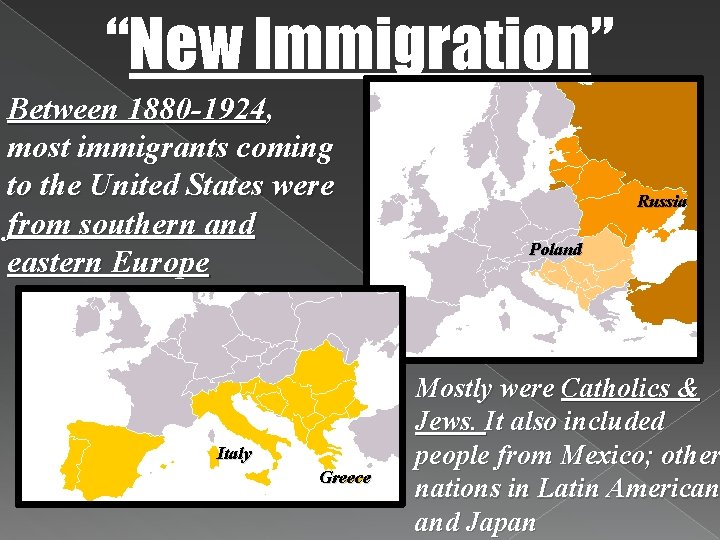“New Immigration” Between 1880 -1924, most immigrants coming to the United States were from