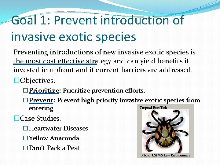 Goal 1: Prevent introduction of invasive exotic species Preventing introductions of new invasive exotic