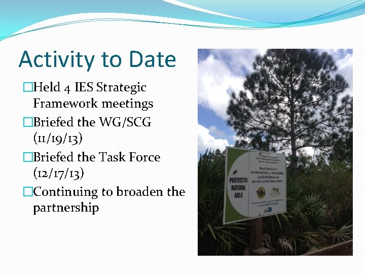 Activity to Date �Held 4 IES Strategic Framework meetings �Briefed the WG/SCG (11/19/13) �Briefed