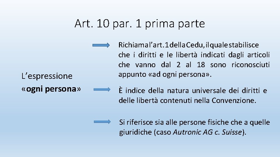 Art. 10 par. 1 prima parte L’espressione «ogni persona» Richiama l’art. 1 della Cedu,