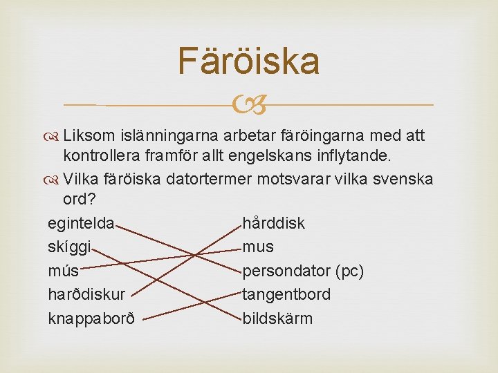 Färöiska Liksom islänningarna arbetar färöingarna med att kontrollera framför allt engelskans inflytande. Vilka färöiska